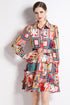Vintage French Style Graphic Print, Collared, Long Sleeve Trendy Vestido Dress