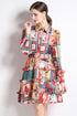 Vintage French Style Graphic Print, Collared, Long Sleeve Trendy Vestido Dress
