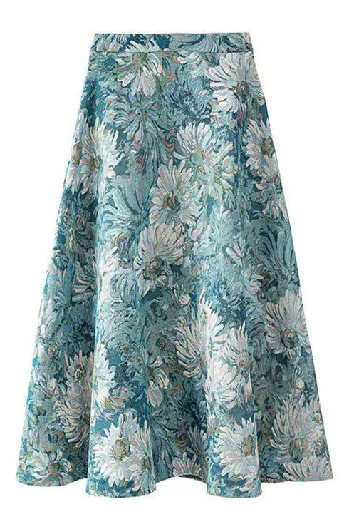 Drop-Dead Gorgeous Two Piece Set Long Sleeve Black Knit Top with High Waist Vintage Hepburn Oil Painting Print Big Swing Skirt Party, Cocktail Dress