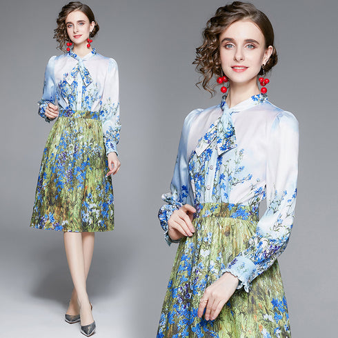 Runway Fashion Eye-Catching Floral Print Bow Neck, Full Sleeve, Office, Party, Cocktail Dress