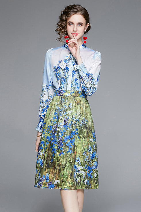 Runway Fashion Eye-Catching Floral Print Bow Neck, Full Sleeve, Office, Party, Cocktail Dress