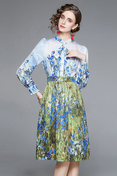 Runway Fashion Eye-Catching Floral Print Bow Neck, Full Sleeve, Office, Party, Cocktail Dress