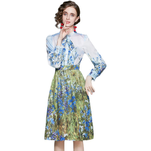 Runway Fashion Eye-Catching Floral Print Bow Neck, Full Sleeve, Office, Party, Cocktail Dress