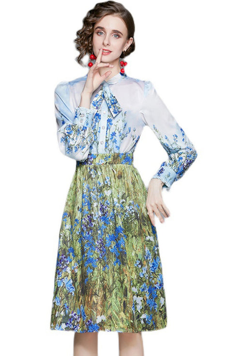 Runway Fashion Eye-Catching Floral Print Bow Neck, Full Sleeve, Office, Party, Cocktail Dress