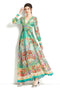 Spellbind Runway Fashion Floral Print Bohemian High Waist, V-Neck, Long Lantern Sleeve Maxi Dress
