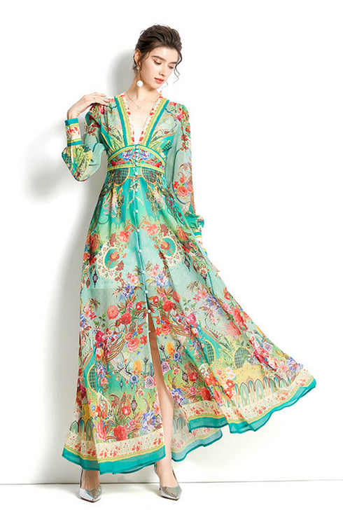 Spellbind Runway Fashion Floral Print Bohemian High Waist, V-Neck, Long Lantern Sleeve Maxi Dress