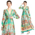 Spellbind Runway Fashion Floral Print Bohemian High Waist, V-Neck, Long Lantern Sleeve Maxi Dress