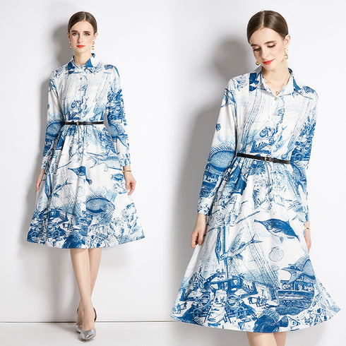 Stylish & Trendy Marine Print, Collared, Long Sleeve, Belted Office, Evening, Casual and Formal Dress