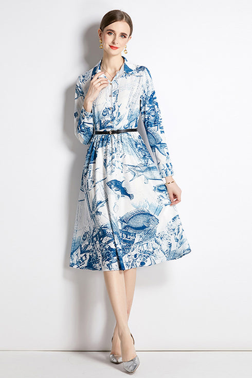 Stylish & Trendy Marine Print, Collared, Long Sleeve, Belted Office, Evening, Casual and Formal Dress