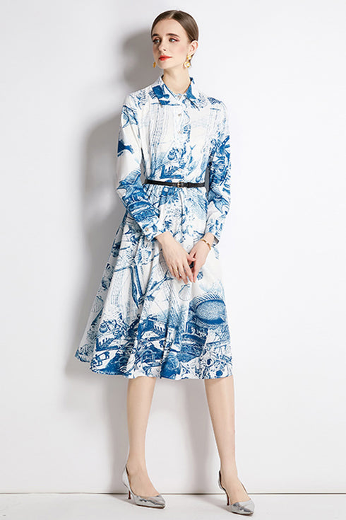 Stylish & Trendy Marine Print, Collared, Long Sleeve, Belted Office, Evening, Casual and Formal Dress
