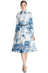 Stylish & Trendy Marine Print, Collared, Long Sleeve, Belted Office, Evening, Casual and Formal Dress