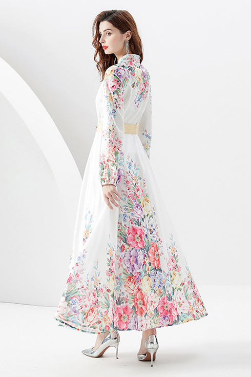 Sweet Young Lady Vintage Floral Print Long Lantern Sleeves, Stand-Up Collar Long Maxi Dress