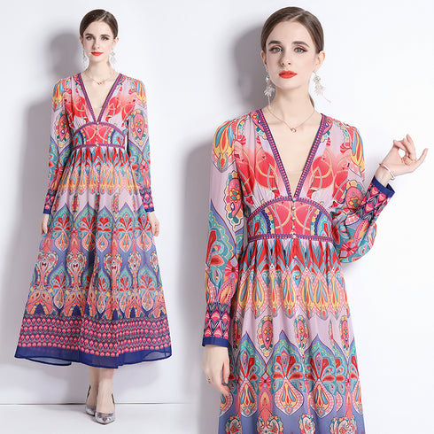 Entrancing Runway Fashion Floral Print V-Neck, Long Sleeves Party, Cocktail, Wedding Guest Maxi Dress