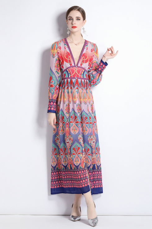 Entrancing Runway Fashion Floral Print V-Neck, Long Sleeves Party, Cocktail, Wedding Guest Maxi Dress
