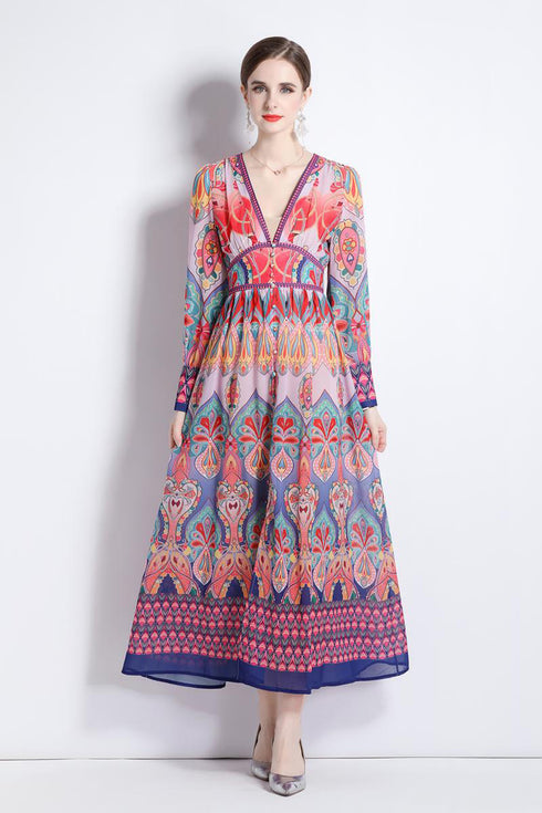 Entrancing Runway Fashion Floral Print V-Neck, Long Sleeves Party, Cocktail, Wedding Guest Maxi Dress