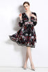 Stunning Charming Black Floral Print V-Neck Designer Dress, Lantern Sleeves, Wavy Edge Party, Dinner, Cocktail, Festive Dress