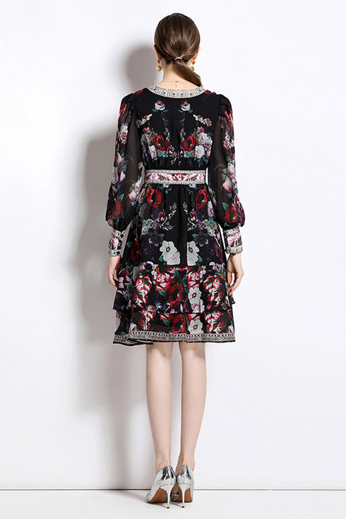 Stunning Charming Black Floral Print V-Neck Designer Dress, Lantern Sleeves, Wavy Edge Party, Dinner, Cocktail, Festive Dress