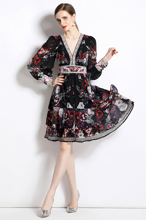 Stunning Charming Black Floral Print V-Neck Designer Dress, Lantern Sleeves, Wavy Edge Party, Dinner, Cocktail, Festive Dress