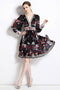 Stunning Charming Black Floral Print V-Neck Designer Dress, Lantern Sleeves, Wavy Edge Party, Dinner, Cocktail, Festive Dress