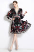 Stunning Charming Black Floral Print V-Neck Designer Dress, Lantern Sleeves, Wavy Edge Party, Dinner, Cocktail, Festive Dress