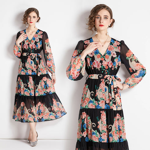 Runway Fashion Spellbind Floral Print, Wrap V-Neck, Ruffled, Belted, Long Sleeve Chiffon Vintage Holiday, Party Maxi Dress