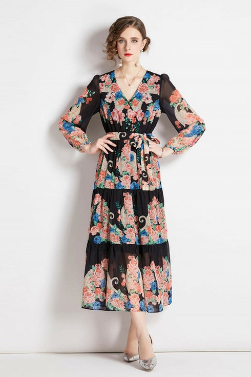 Runway Fashion Spellbind Floral Print, Wrap V-Neck, Ruffled, Belted, Long Sleeve Chiffon Vintage Holiday, Party Maxi Dress