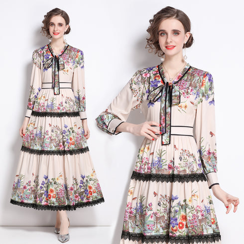 Runway Fashion Eye-Catching Floral Print Bow-Neck, Lantern Sleeve, Lace Up Vintage Women Autumn Ruffled, Flared Holiday, Party Maxi Dress