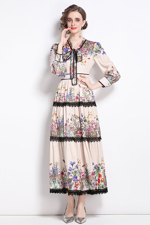 Runway Fashion Eye-Catching Floral Print Bow-Neck, Lantern Sleeve, Lace Up Vintage Women Autumn Ruffled, Flared Holiday, Party Maxi Dress