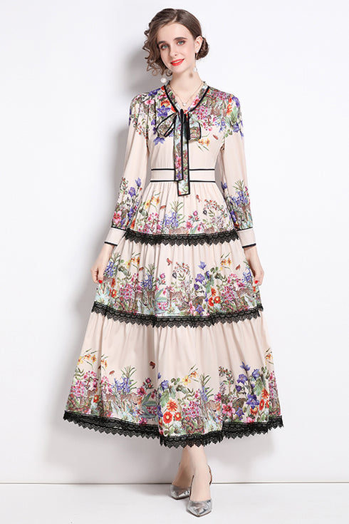 Runway Fashion Eye-Catching Floral Print Bow-Neck, Lantern Sleeve, Lace Up Vintage Women Autumn Ruffled, Flared Holiday, Party Maxi Dress