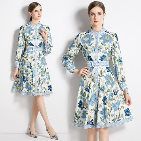 Fab Designer Enchanting Floral Stand Collar, Long Sleeve, Belted A-Line Office, Cocktail, Party Stylish Day & Evening Dress