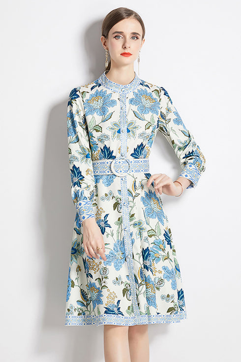 Fab Designer Enchanting Floral Stand Collar, Long Sleeve, Belted A-Line Office, Cocktail, Party Stylish Day & Evening Dress