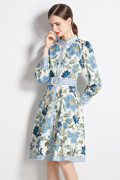 Fab Designer Enchanting Floral Stand Collar, Long Sleeve, Belted A-Line Office, Cocktail, Party Stylish Day & Evening Dress