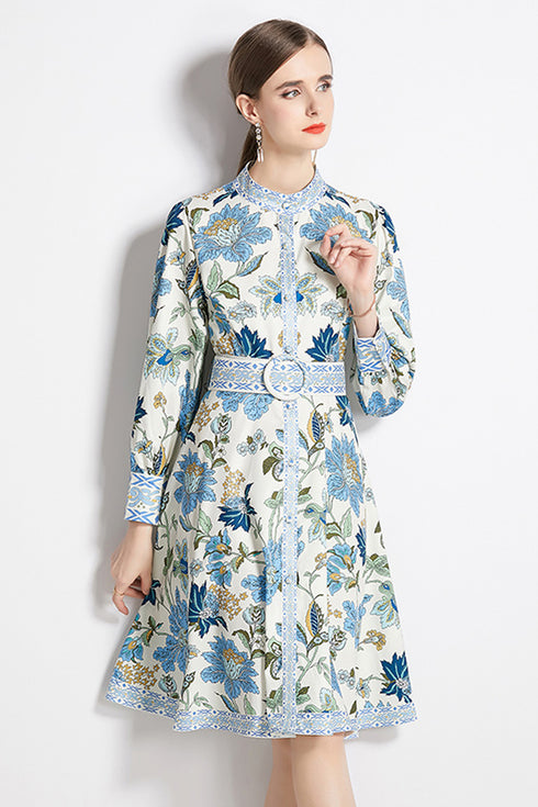 Fab Designer Enchanting Floral Stand Collar, Long Sleeve, Belted A-Line Office, Cocktail, Party Stylish Day & Evening Dress