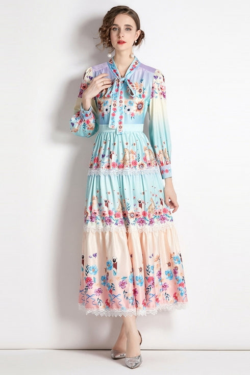 Runway Fashion Fall Enchanting Colors Two-Toned Floral Print, Bow-Neck, Lace Trim, Long Sleeve Women Tiered Ruffled Party, Cocktail, Festive Maxi Dress