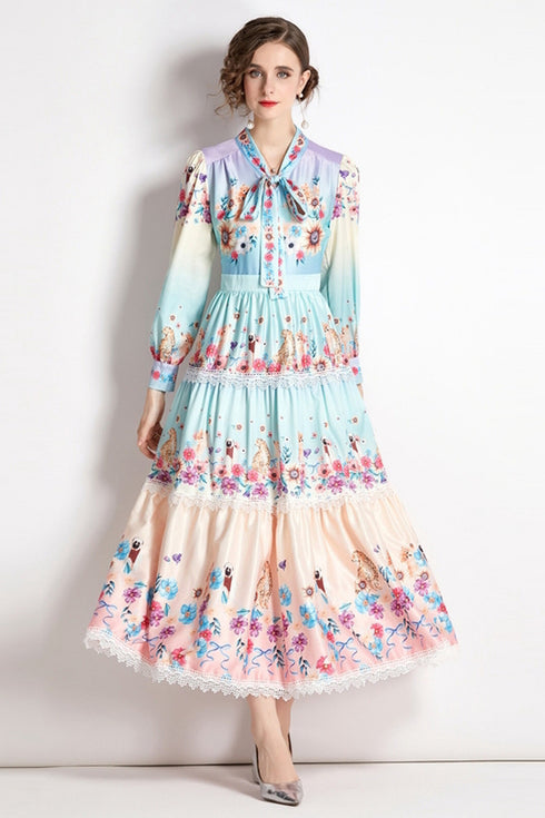 Runway Fashion Fall Enchanting Colors Two-Toned Floral Print, Bow-Neck, Lace Trim, Long Sleeve Women Tiered Ruffled Party, Cocktail, Festive Maxi Dress