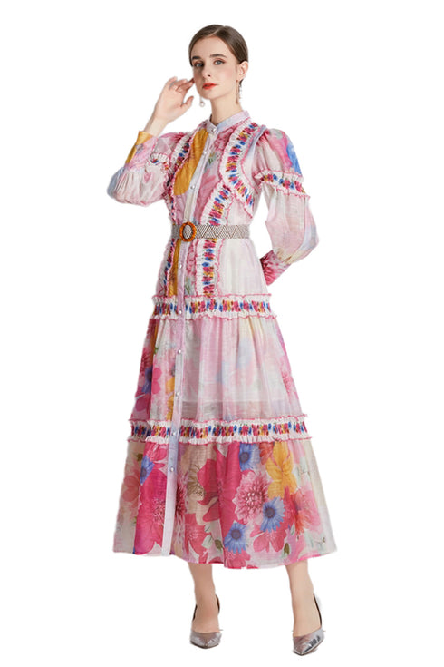 Runway Fashion Edwardian Style Floral Print, Stand Collar, Puff Sleeve, Belted, Ruffled Party, Wedding Guest Vestidos