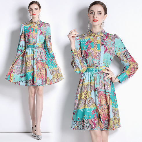 Terrific Gorgeous Vintage French Style Stand-Collar, Belted, Long Sleeve, Office, Party, Cocktail, Formal Dress