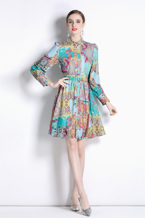 Terrific Gorgeous Vintage French Style Stand-Collar, Belted, Long Sleeve, Office, Party, Cocktail, Formal Dress