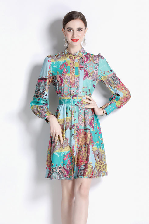 Terrific Gorgeous Vintage French Style Stand-Collar, Belted, Long Sleeve, Office, Party, Cocktail, Formal Dress