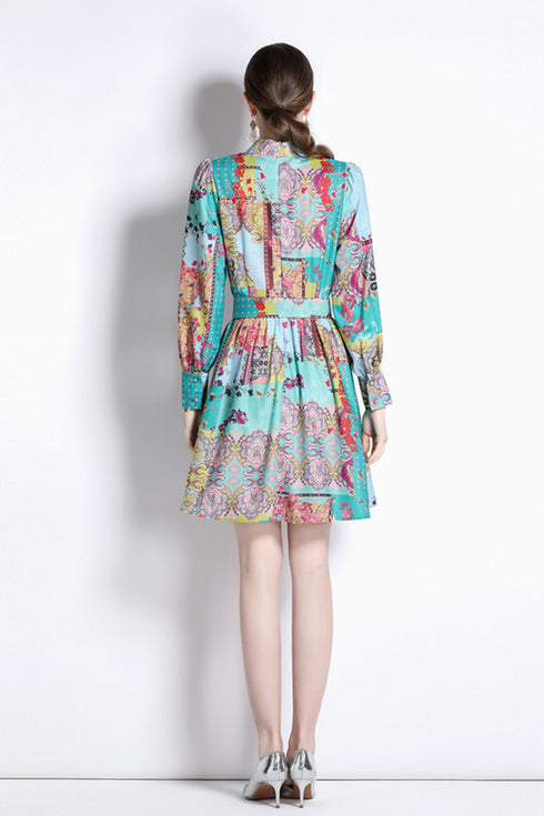 Terrific Gorgeous Vintage French Style Stand-Collar, Belted, Long Sleeve, Office, Party, Cocktail, Formal Dress