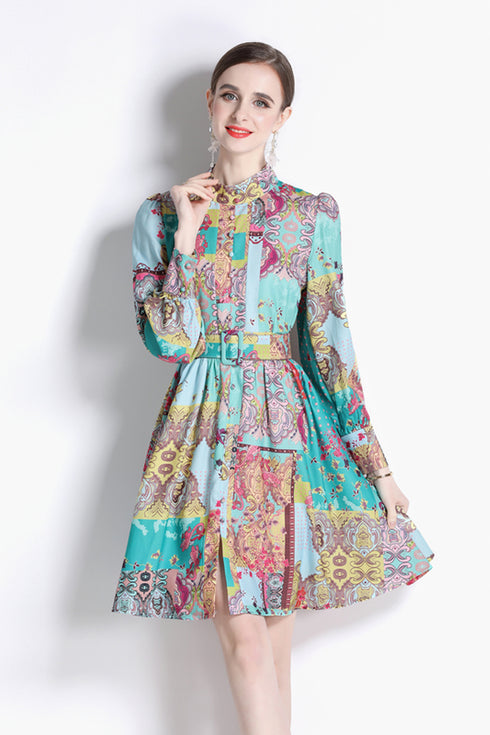 Terrific Gorgeous Vintage French Style Stand-Collar, Belted, Long Sleeve, Office, Party, Cocktail, Formal Dress