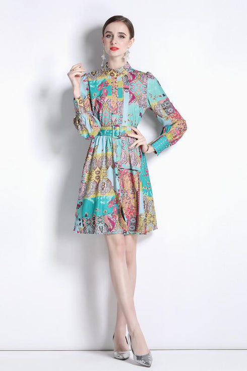 Terrific Gorgeous Vintage French Style Stand-Collar, Belted, Long Sleeve, Office, Party, Cocktail, Formal Dress