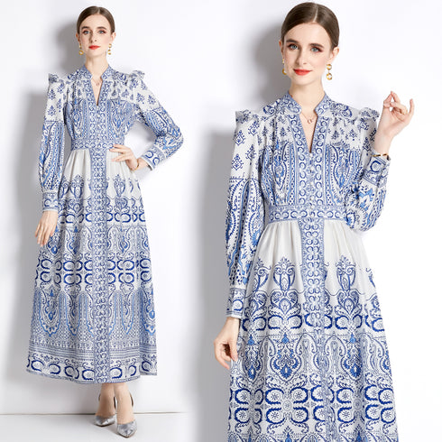Renaissance Paisley Printed Court Style Elegant V-Neck, High Waist, Lantern Sleeve Formal Party Dress