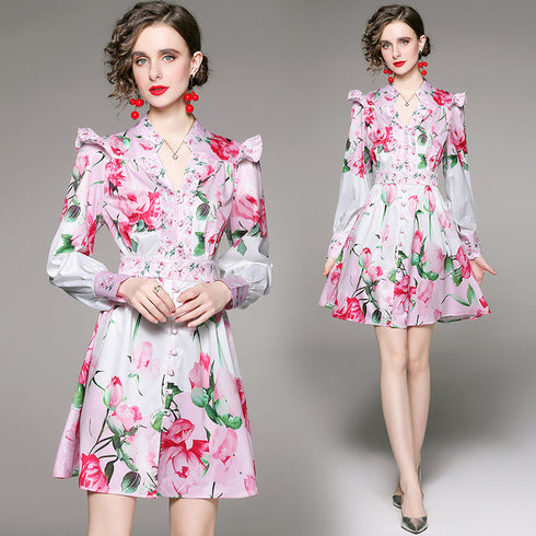 Versatile Gorgeous Pink Floral Print V-Neck, Ruffled, Long Lantern Sleeve Stylish & Chic Cocktail, Party, Day & Evening Wear