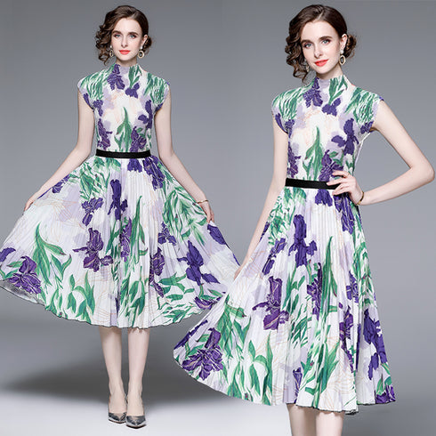 Gorgeous & Enchanting Autumn Floral Printed Stretchable 2-Pcs Set, Mock Neck Top + Pleated Long Skirt, Chic & Trendy Casual and Formal Women Dress