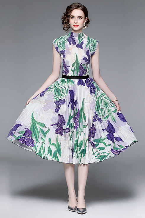 Gorgeous & Enchanting Autumn Floral Printed Stretchable 2-Pcs Set, Mock Neck Top + Pleated Long Skirt, Chic & Trendy Casual and Formal Women Dress