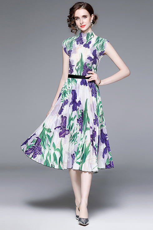 Gorgeous & Enchanting Autumn Floral Printed Stretchable 2-Pcs Set, Mock Neck Top + Pleated Long Skirt, Chic & Trendy Casual and Formal Women Dress