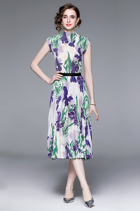 Gorgeous & Enchanting Autumn Floral Printed Stretchable 2-Pcs Set, Mock Neck Top + Pleated Long Skirt, Chic & Trendy Casual and Formal Women Dress