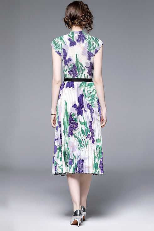 Gorgeous & Enchanting Autumn Floral Printed Stretchable 2-Pcs Set, Mock Neck Top + Pleated Long Skirt, Chic & Trendy Casual and Formal Women Dress