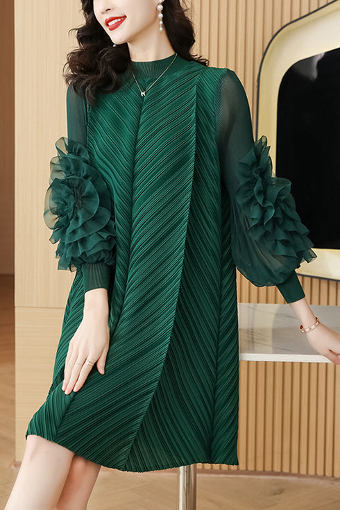 Runway Fashion Drop-Dead Gorgeous Petal Ruffled Sleeve, Mock Neck, Pleated Party, Festive Vintage Women's Dress